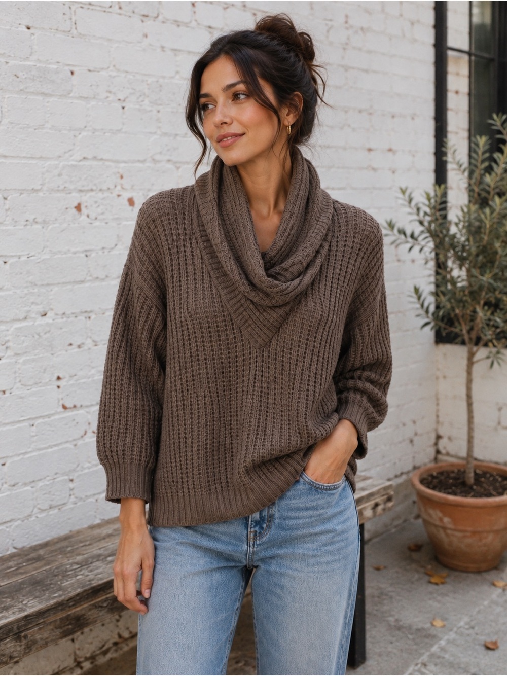 Apart 90s Y2K Brown Chunky Knit Cowl Neck Sweater Cozy Minimalist Size M Cotton